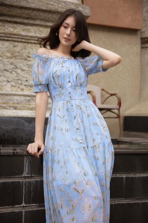 Sixdo Blue Voile Flared Dress